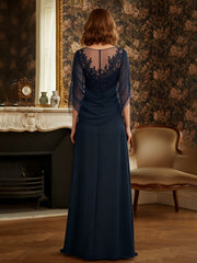 Scoop Illusion Neck A-Line Chiffon Lace Long Dress Dark Navy