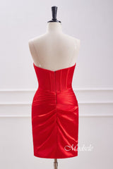 Red Strapless Keyhole Satin Sleeveless Bodycon Homecoming Dress