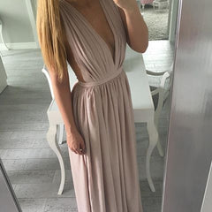 Simple A Line V Neck Champagne Prom Dress with Slit, Champagne Formal Dress, Bridesmaid Dress