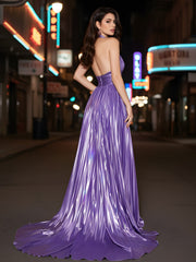 Plunge Halter Gown with Metallic Pleated Skirt Regency