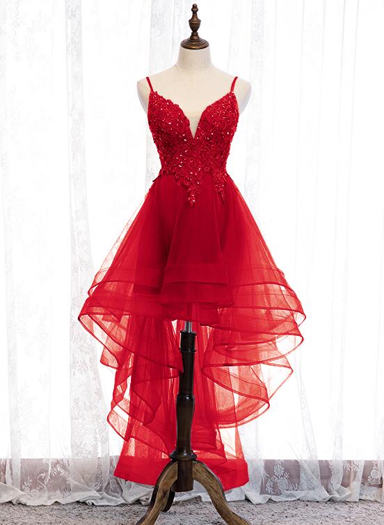 Lovely Blue High Low V-neckline Straps Party Dress, New Straps Prom Dress