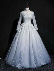 Beautiful Grey A-line Long Sleeves with Lace Party Gown Sweet 16 Dress Prom Dress