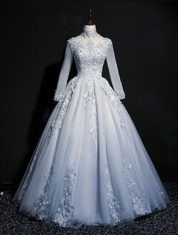 Grey Tulle Long Sleeves Sweetheart Party Dress, Long Evening Gown