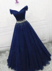 Dark Blue Beaded Tulle A-line Party Dress, Long Prom Dress