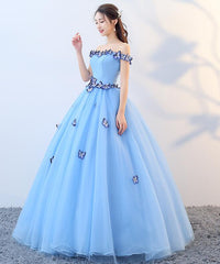 Beautiful Blue Off Shoulder Long Party Dress, Sweet 16 Dresses