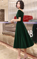 Green Tea Length Velvet Off Shoulder Party Dress, Green Bridesmaid Dress