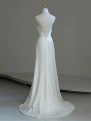 White Satin Halter A-line Long Beaded Low Back Party Dress, White Wedding Party Dress