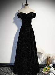 Simple Black Sweetheart Off Shoulder Long Velvet Prom Dress, Black Evening Dress