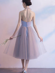 Halter Tulle Tea Length Party Dresses, Lovely Vintage Formal Dress, Homecoming Dress with Applique
