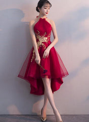Wine Red Halter High Low Stylish Homecoming Dresses, Red Formal Dress, Pretty Party Dress