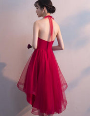 Wine Red Halter High Low Stylish Homecoming Dresses, Red Formal Dress, Pretty Party Dress