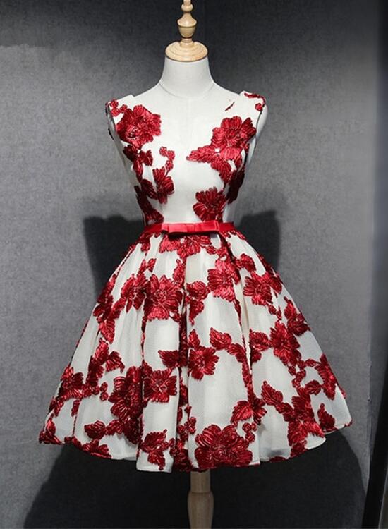 Red and White Short Homecoming Dress, Lace-up Back Party Dress, Pretty Formal Dress