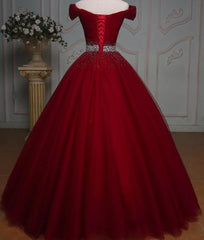 Dark Red Tulle Gorgeous Ball Gown, Burgundy Off Shoulder with Beaded Waist, Pretty Formal Dress