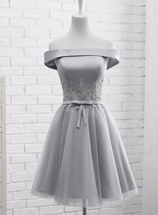 Simple Off Shoulder Grey Tulle Applique Bridesmaid Dresses, Knee Length Formal Dress, Party Dresses