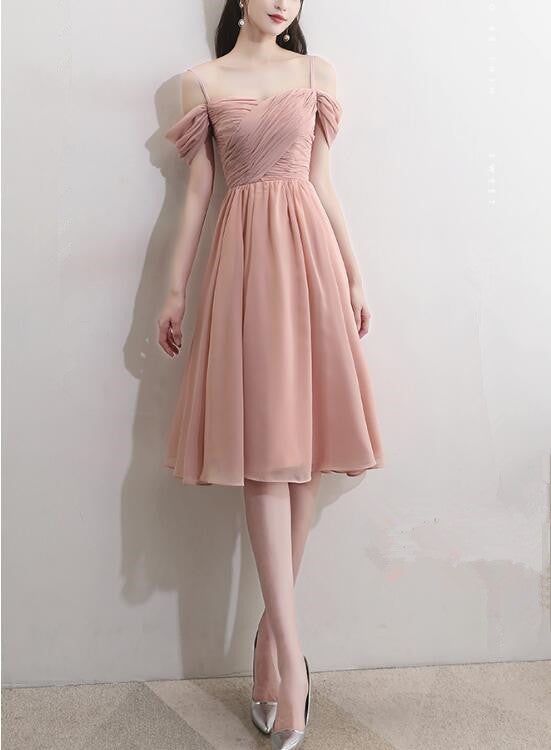 Pink Off Shoulder Short Bridesmaid Dresses, Chiffon Party Dress, Pink Party Dresses
