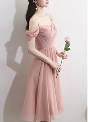 Pink Off Shoulder Short Bridesmaid Dresses, Chiffon Party Dress, Pink Party Dresses