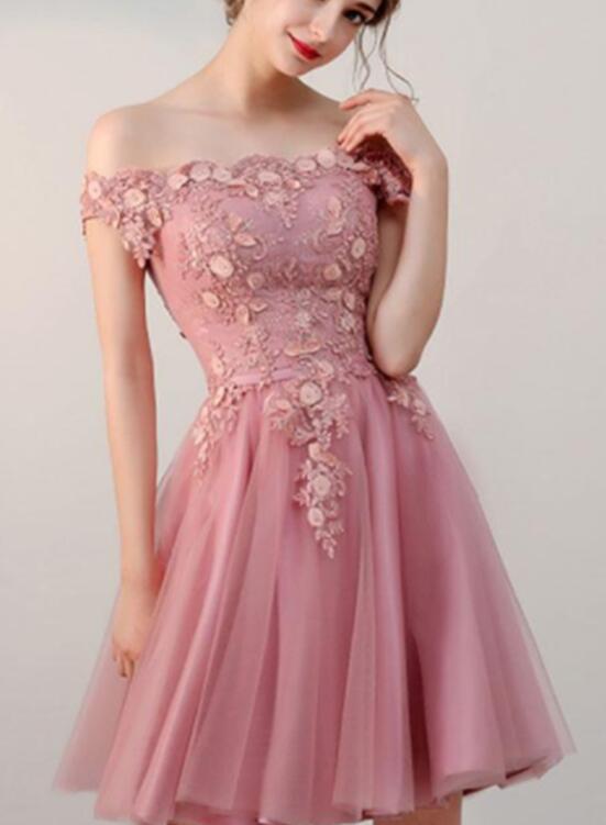 Elegant Pink Off Shoulder Knee Length Tulle Party Dress, Homecoming Dresses, Short Prom Dresses