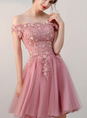 Elegant Pink Off Shoulder Knee Length Tulle Party Dress, Homecoming Dresses, Short Prom Dresses