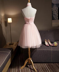 Light Pink Halter Tulle and Lace Lovely Knee Length Formal Dress, Cute Party Dress, Pink Prom Dresses