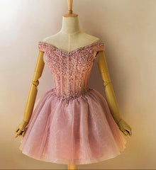Lovely Sequins and Lace Off Shoulder Short Party Dress, Pink Homecoming Dreses