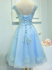 Light Blue Cap Sleeves Tea Length Vintage Style Formal Dress, Blue Homecoming Dresses