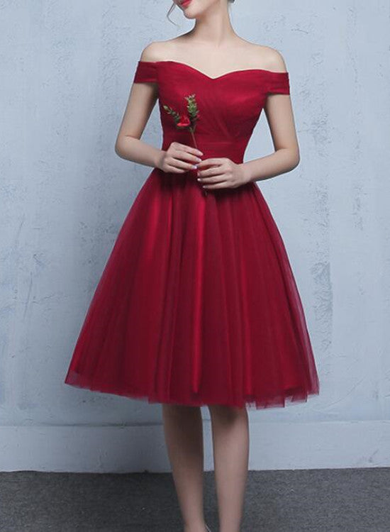 Wine Red Homecoming Dresses, Simple Tulle Off Shoulder Prom Dresses