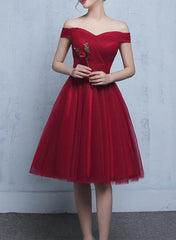 Wine Red Homecoming Dresses, Simple Tulle Off Shoulder Prom Dresses