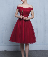 Wine Red Homecoming Dresses, Simple Tulle Off Shoulder Prom Dresses