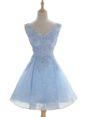 Light Blue Cute V-neckline Lace Short Party Dress, Lace Formal Dress, Lace Party Dresses