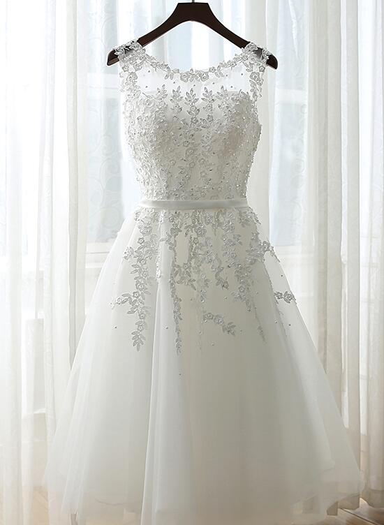 White Graduation Dresses, Round Neckline Tea Length Party Dress, Cute Formal Dress