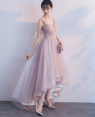 Pink V-neckline High Low Fashionable Party Dress, Pink Prom Dress