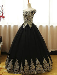 Black Off Shoulder Tulle Sweet 16 Gowns with Gold Applique, Charming Evening Gowns