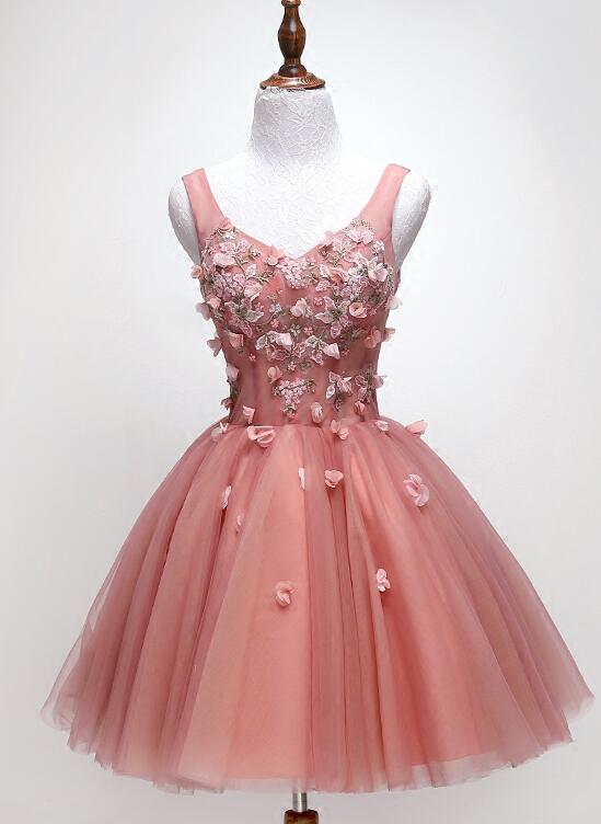 Cute Dark Pearl Pink Knee Length V-neckline Flower Homecoming Dress, New Party Dresses