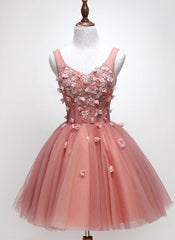 Cute Dark Pearl Pink Knee Length V-neckline Flower Homecoming Dress, New Party Dresses