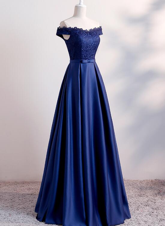 Beautiful Navy Blue Satin Long Party Dress , Long Bridesmaid Dresses