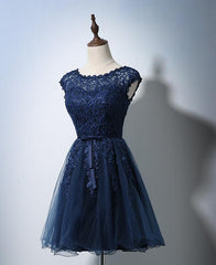 Cute Navy Blue Tulle and Lace Homecoming Dress , Lovely Party Dress