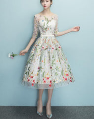 Fashionable Floral Elegant Knee Length Round Neckline Party Dress, Cute Party Dress