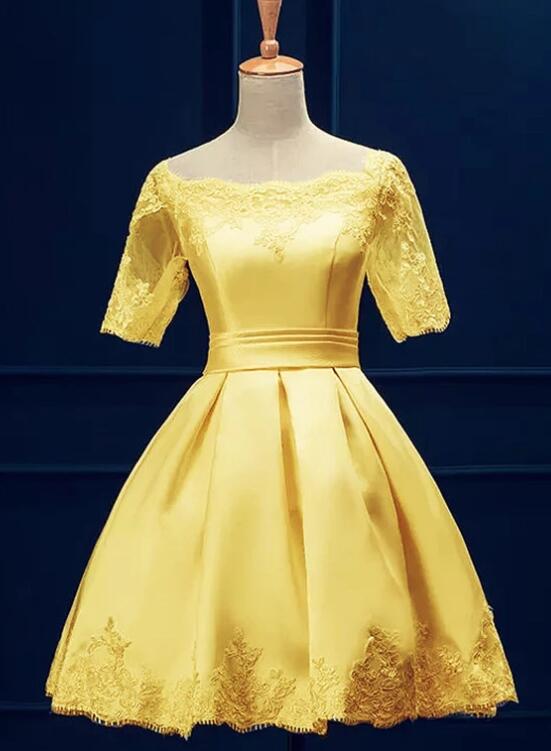 Cute Short Sleeves Satin Knee Length Party Dress, Short Homecoming Dress