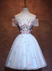Lovely Light Blue Tulle Knee Length Homecoming Dress, Cute Floral Party Dress