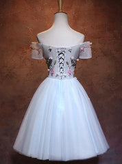 Lovely Light Blue Tulle Knee Length Homecoming Dress, Cute Floral Party Dress