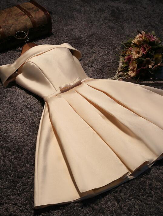 Cute Short Champagne Satin Party Dress,Off Shoulder Prom Dress