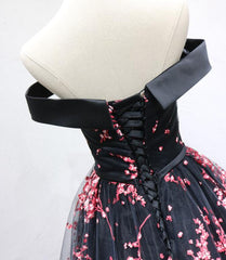 Beautiful Black Long Floral Lace Party Dress, Off Shoulder Prom Dress