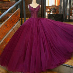 Gorgeous Purple Beaded V-neckline Party Gown, Sweet 16 Dresses