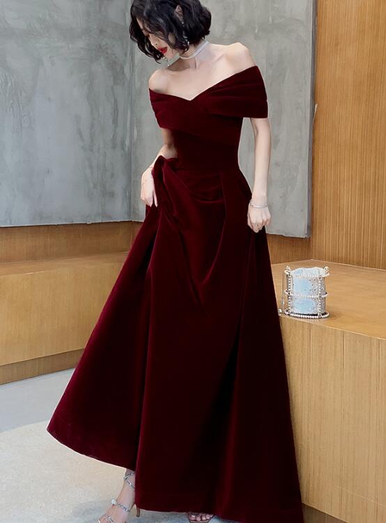 Charming Wine Red Velvet Off Shoulder Long Party Dress, A-line Prom Dress