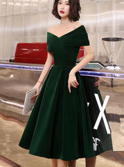 Green Tea Length Velvet Off Shoulder Party Dress, Green Bridesmaid Dress