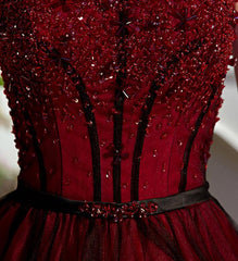 Red and Black Scoop Tulle Long Party Dress with Beadings, Long Tulle A-line Formal Dress
