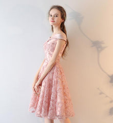 Pink Lace Off Shoulder Short Party Dress Homecoming Dress, Pink Prom Dress Formal Dress