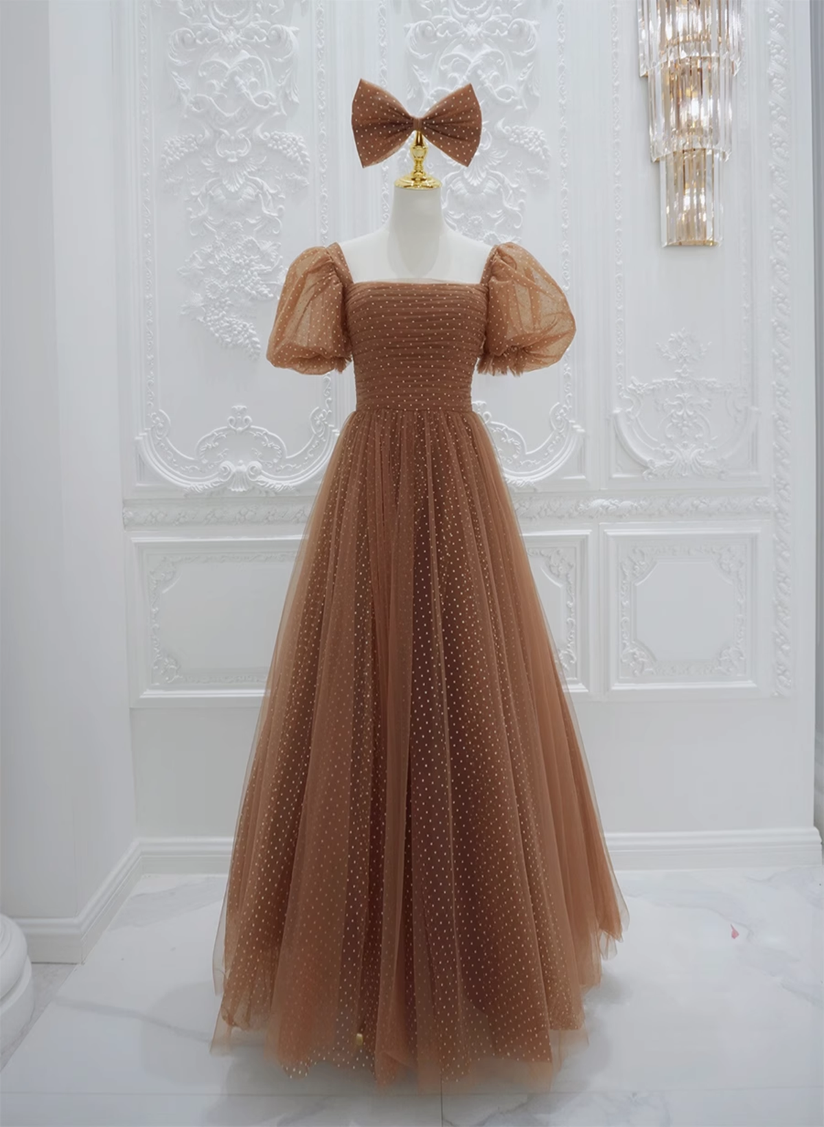 Lovely Simple Tulle Short Sleeves A-line Party Dress, Long Tulle Formal Dress Evening Dress
