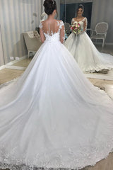 Long Sleeves Princess V-Neck White Wedding Dress with Lace