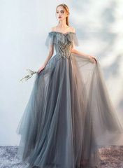 Pretty Gre Grey Off Shoulder Tulle Long Evening Dress Prom Dress, A-line Tulle Wedding Party Dresses